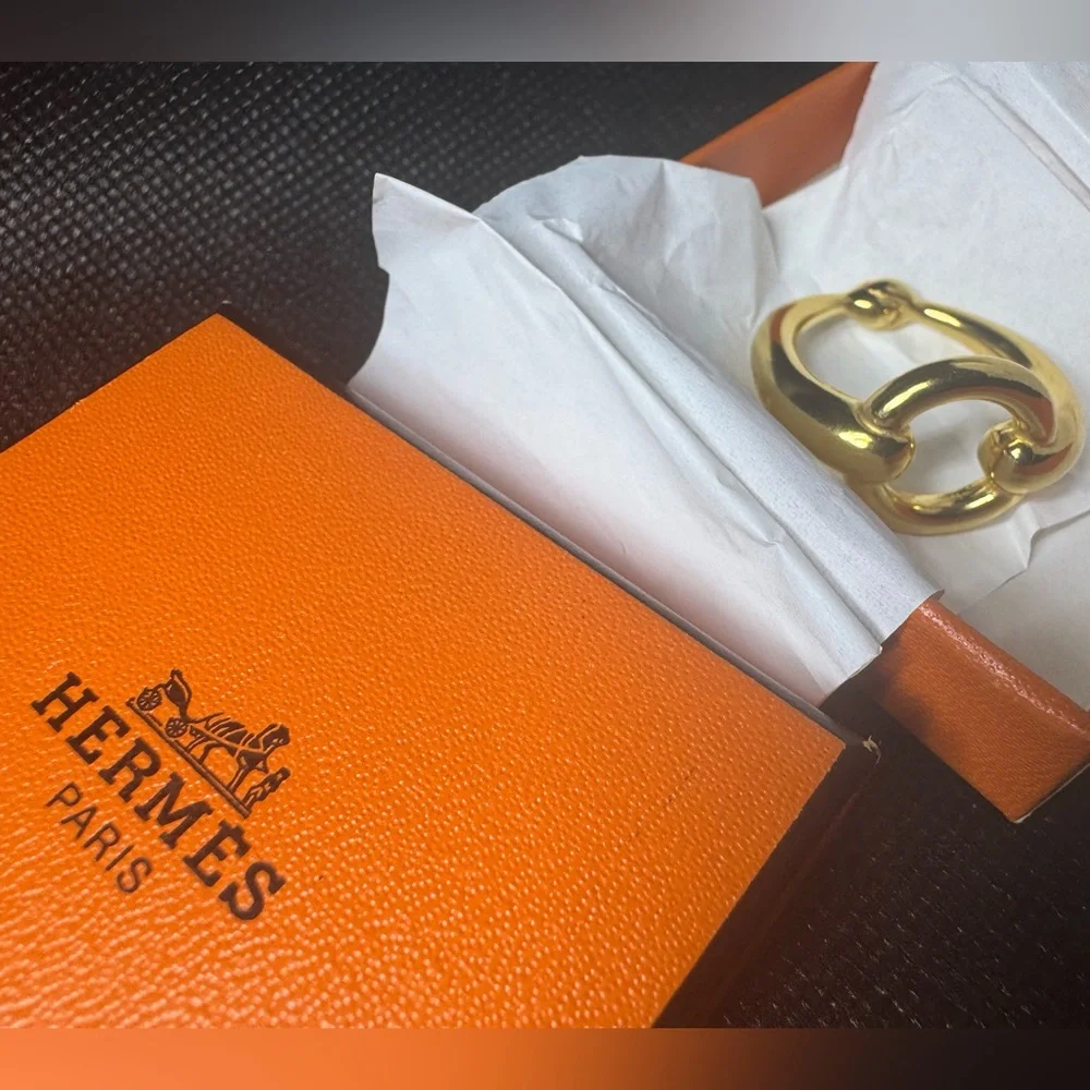 Hermès Horsebit Filet d’Or Scarf Ring Gold Plated 05 Rare Slide W Box Authentic - Picture 10 of 11